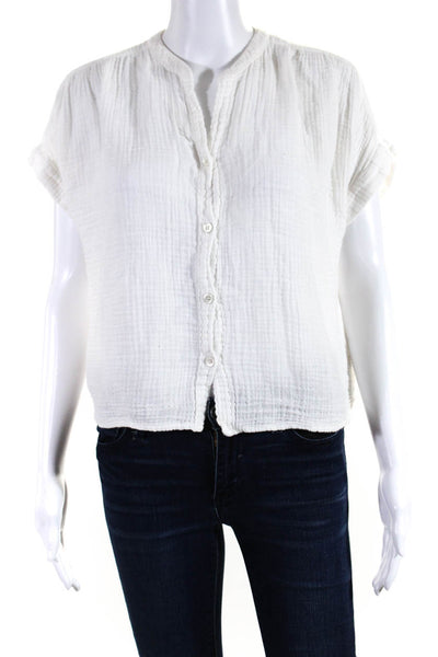 Felicite Womens Cotton Textured V-Neck Buttoned Short Sleeve Blouse White Size 3