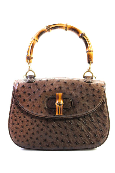 Gucci Womens Brown Ostrich Leather Flap Bamboo Top Handle Shoulder Bag Handbag