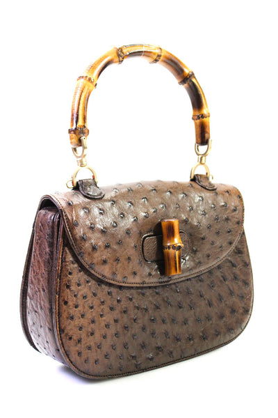Gucci Womens Brown Ostrich Leather Flap Bamboo Top Handle Shoulder Bag Handbag