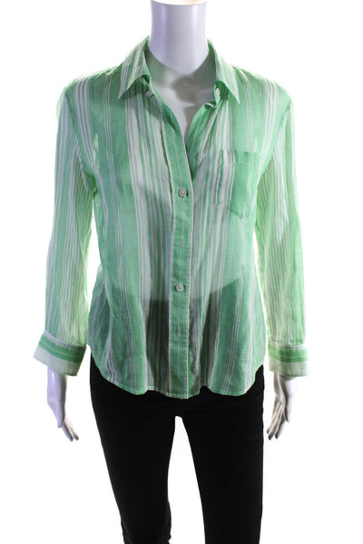Theory Womens Cotton Striped Print Buttoned Long Sleeve Top Green Size M