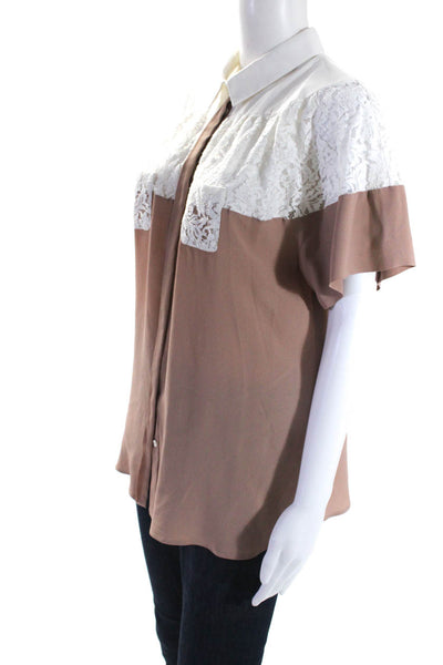 No21 Womens Crepe Lace Collared Short Sleeve Button Up Blouse Brown Size 48