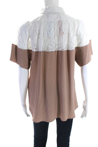 No21 Womens Crepe Lace Collared Short Sleeve Button Up Blouse Brown Size 48