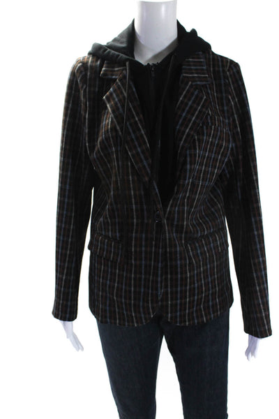 Liverpool Los Angeles Womens Plaid Hooded Zip Blazer Jacket Combo Black Size M