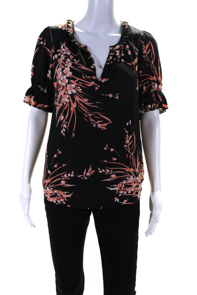 Joie Womens Floral Ruffled Short Sleeved V Neck Blouse Black Coral Pink Size S