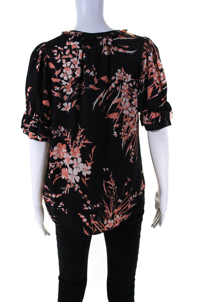 Joie Womens Floral Ruffled Short Sleeved V Neck Blouse Black Coral Pink Size S