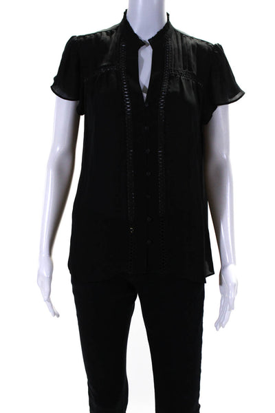 Go Silk Womens Silk Short Sleeved Pleated V Neck Buttoned Blouse Black Size M
