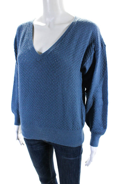 An'ge Womens Diamond Knit V Neck Long Sleeved Pullover Sweater Blue Size S/M