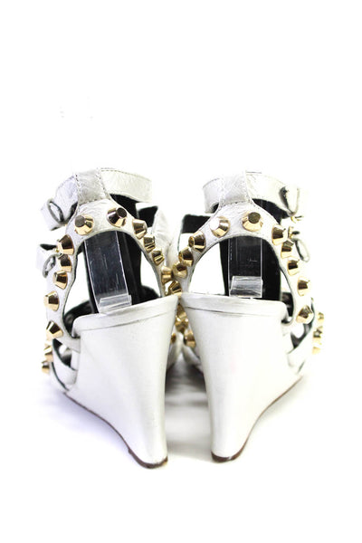 Balenciaga Womens Studded Strappy Wedge Sandals White Leather Size 35.5 5.5