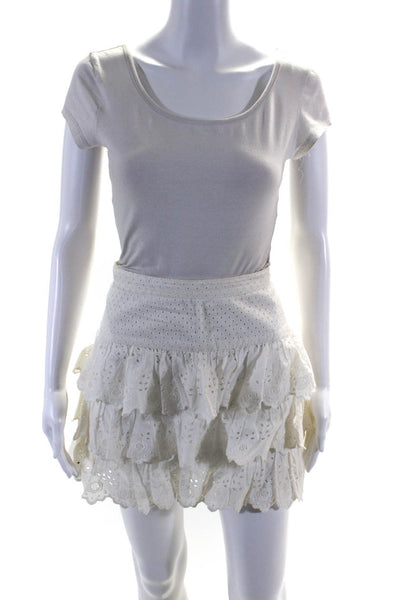 Love Shack Fancy Womens Eyelet Tiered A Line Mini Skirt White Cotton Size 6
