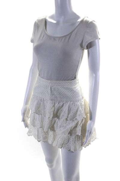 Love Shack Fancy Womens Eyelet Tiered A Line Mini Skirt White Cotton Size 6