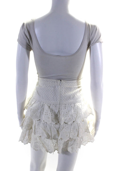 Love Shack Fancy Womens Eyelet Tiered A Line Mini Skirt White Cotton Size 6