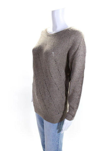 Vince Womens Yak Striped Open Knit Crew Neck Long Sleeve Sweater Taupe Size S