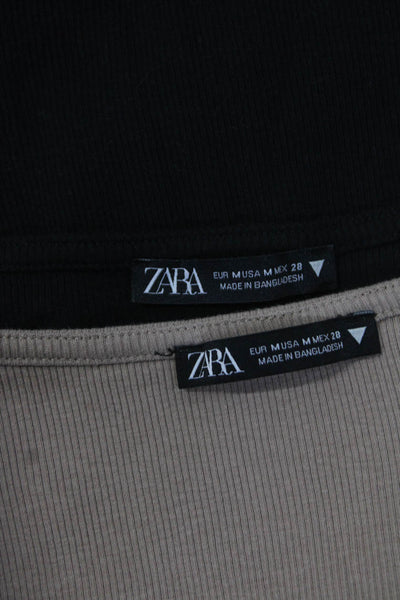 Zara Womens Long Sleeve Ribbed Knit Square Neck Top Black Size M Lot 2