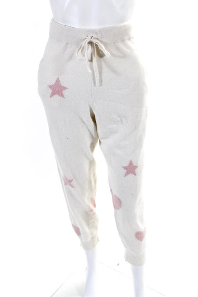 Brodie Womens Cashmere Knit V Neck Stars & Hearts Jogger Pants White Pink Medium
