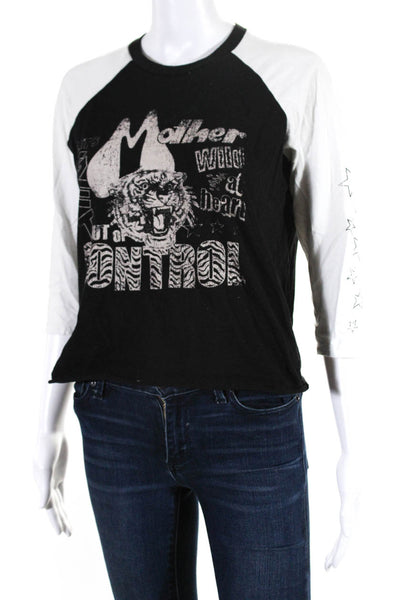 Mother Womens Get Wild Graphic Raglan Sleeve Baseball Tee Shirt Black White XS