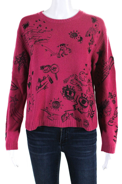 Allude Womens Scribble Embroidered Crew Neck Sweater Pink Wool Size Medium