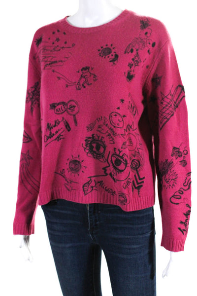 Allude Womens Scribble Embroidered Crew Neck Sweater Pink Wool Size Medium