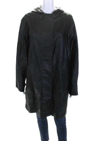 Theory Womens Coated Linen Long Hooded Anorak Rain Coat Black Size Large