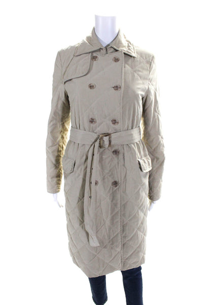 Faconnable Womens Quilted Collared Belted Button Up Longline Coat Beige Size XS