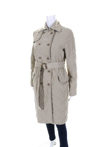 Faconnable Womens Quilted Collared Belted Button Up Longline Coat Beige Size XS