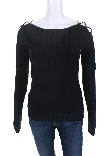 Intermix Womens Navy Blue Ribbed Cold Shoulder Long Sleeve Sweater Top Size S