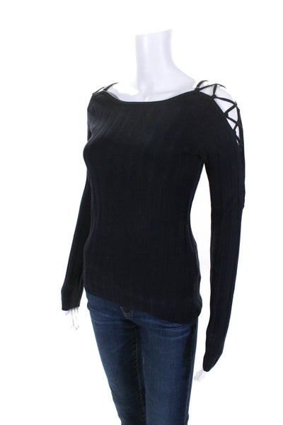 Intermix Womens Navy Blue Ribbed Cold Shoulder Long Sleeve Sweater Top Size S