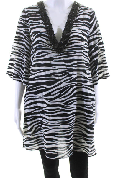 Michael Kors Womnens Animal Print Beaded V Neck Blouse Black White Size Small