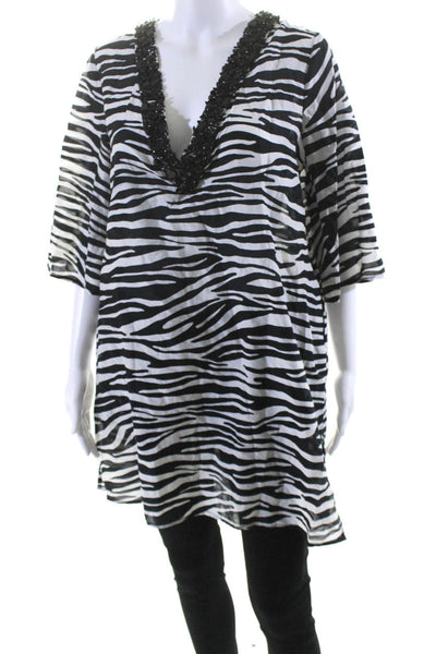 Michael Kors Womnens Animal Print Beaded V Neck Blouse Black White Size Small