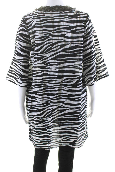 Michael Kors Womnens Animal Print Beaded V Neck Blouse Black White Size Small