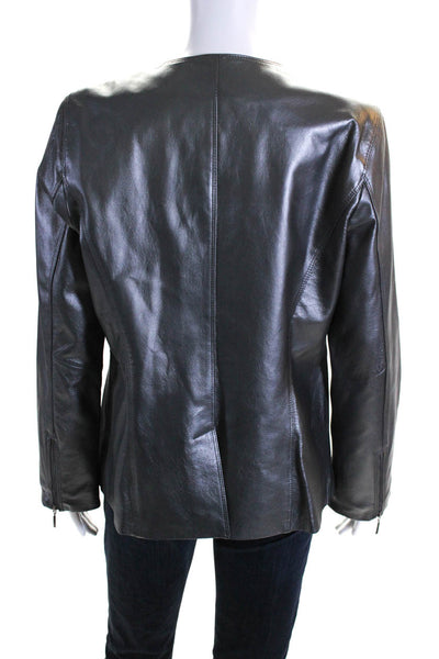 Terry Lewis Womens Metallic Silver Leather Crew Neck Long Sleeve Jacket Size S