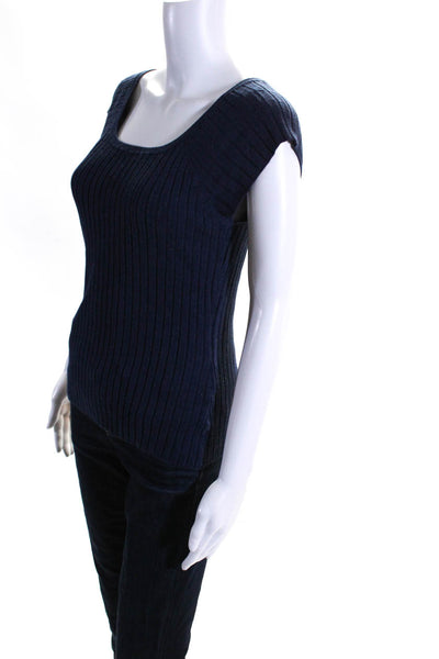 525 America Womens Blue Ribbed Short Sleeve Off Shoulder Knit Blouse Top Size S