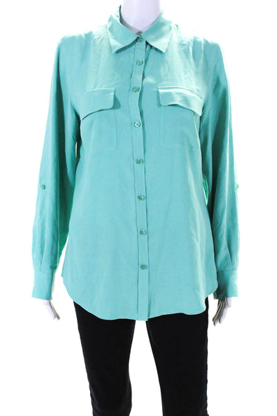 Go Silk Womens Silk Long Sleeved Collared Button Down Shirt Aqua Green Size M