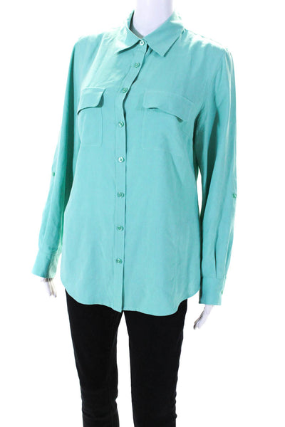 Go Silk Womens Silk Long Sleeved Collared Button Down Shirt Aqua Green Size M