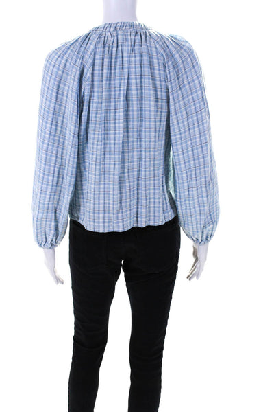 The Westside Womens Plaid Long Sleeve V Neck Blouse Blue Size S