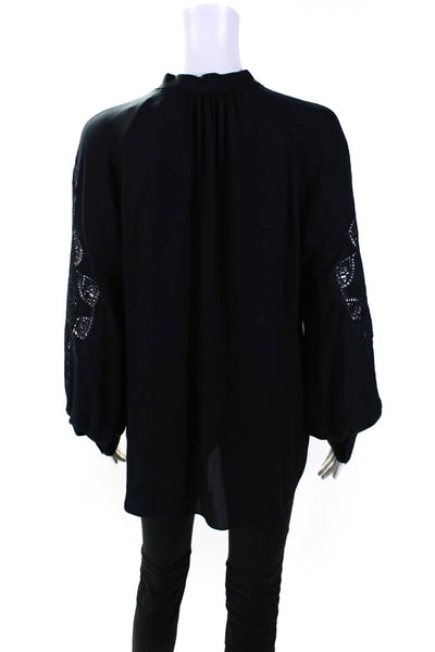 Elie Tahari Womens Embroidered Long Sleeved Buttoned Blouse Navy Blue Size M
