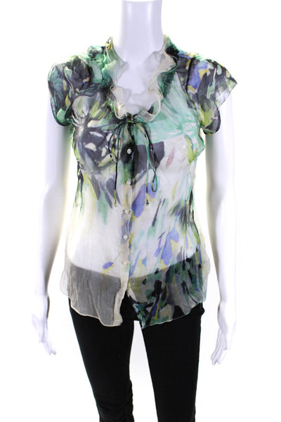 Elie Tahari Womens Short Sleeve Button Front Abstract Shirt Green White Small
