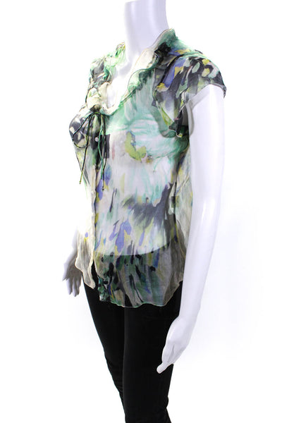 Elie Tahari Womens Short Sleeve Button Front Abstract Shirt Green White Small