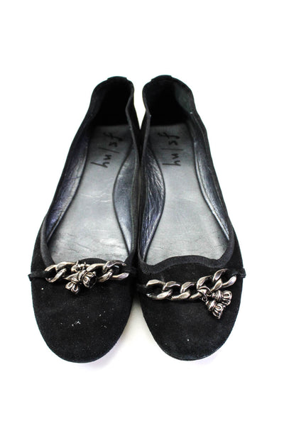 FS/NY Womens Suede Silver Tone Chain Slip On Ballet Flats Black Size 9B