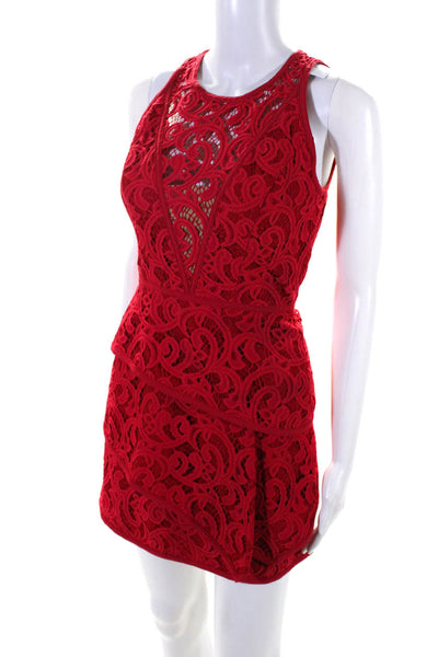 BCBGMAXAZRIA Womens Sleeveless Lace Asymmetric Peplum Midi Dress Red Size 0