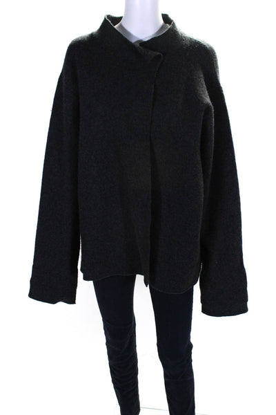 Eileen Fisher Womens Single Button Crew Neck Coat Dark Gray Wool Size Large