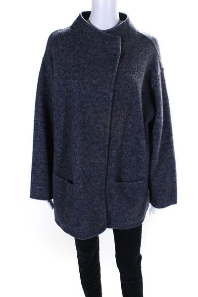 Eileen Fisher Womens Single Button Crew Neck Coat Blue Wool Size Extra Large