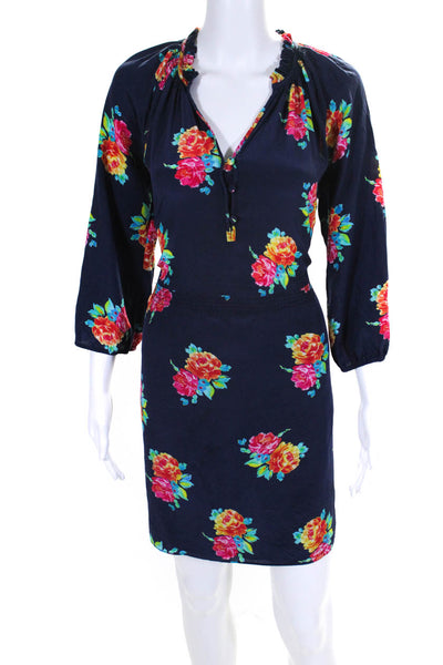 Shoshanna Womens Floral Print Darted Buttoned Long Midi Sheath Dress Navy Size 0