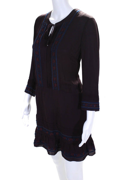 Veronica Beard Womens 3/4 Sleeve Embroidered Silk Shift Dress Purple Size 4