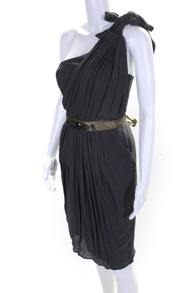 Charles Chang-Lima Womens One Shoulder Belted Chiffon Silk Dress Gray Size 4