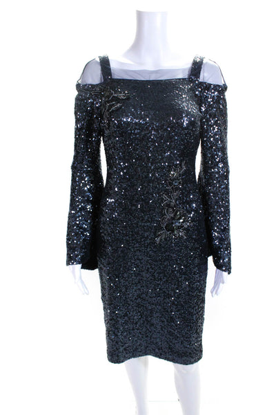 Theia Womens Sequined Floral Flared Long Sleeved Pencil Dress Navy Blue Size 6