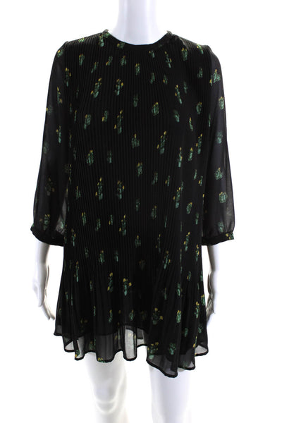 Zara Womens Long Sleeve Crew Neck Pleated Cactus Dress Black Green Size Small