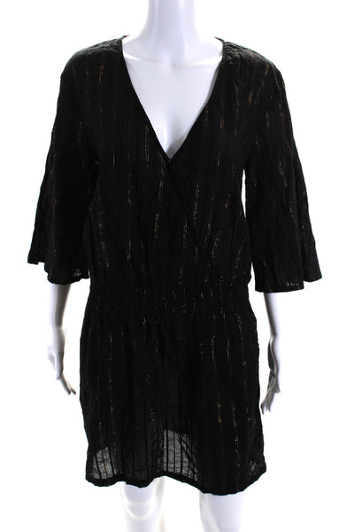 Tahari Womens Cotton Metallic  V-Neck Short Sleeve Mini Dress Black Size S