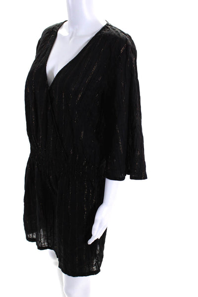 Tahari Womens Cotton Metallic  V-Neck Short Sleeve Mini Dress Black Size S