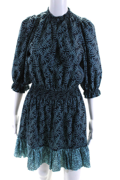 Joie Womens Ruched Plant Print V-Neck Long Sleeve Mini Dress Navy Size S