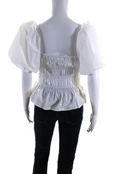 ASTR Womens Cotton Ruched Ruffle Trim Puff Sleeve Blouse Top White Size S
